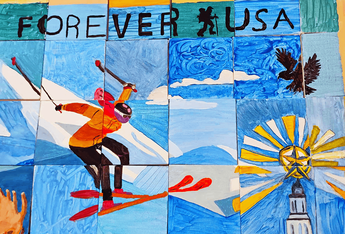 Close up on the skier that multiple Polaris Direct employees created as part of our mural project