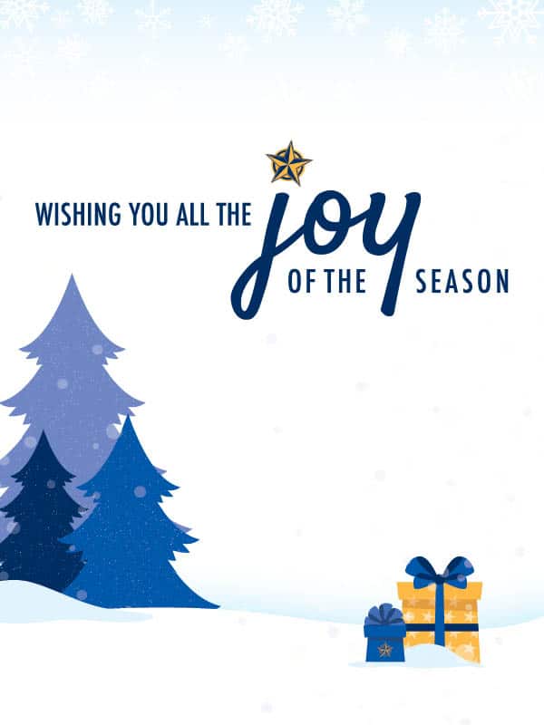 Holiday greeting against snowy background with fir trees and gifts